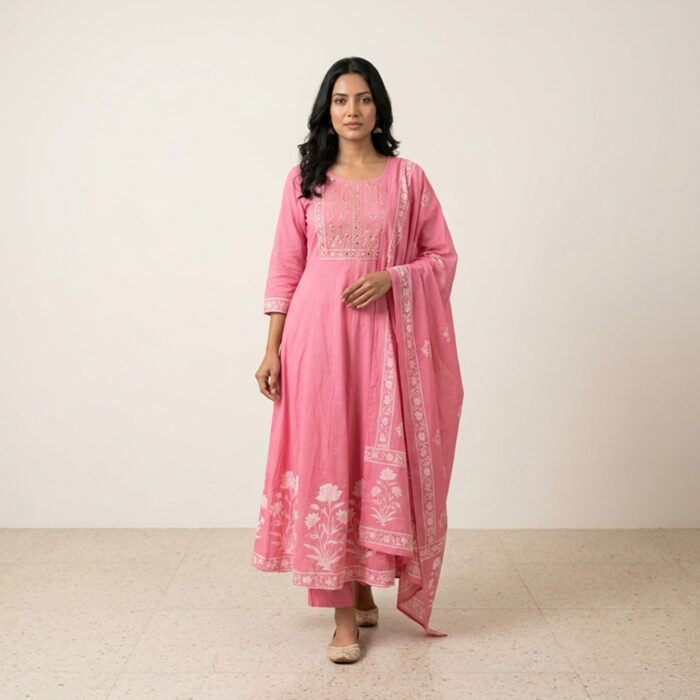 865/-Per-Pcs, M to XXL Set, Discharge Print Frock 3Pcs Suits, FK3-0001