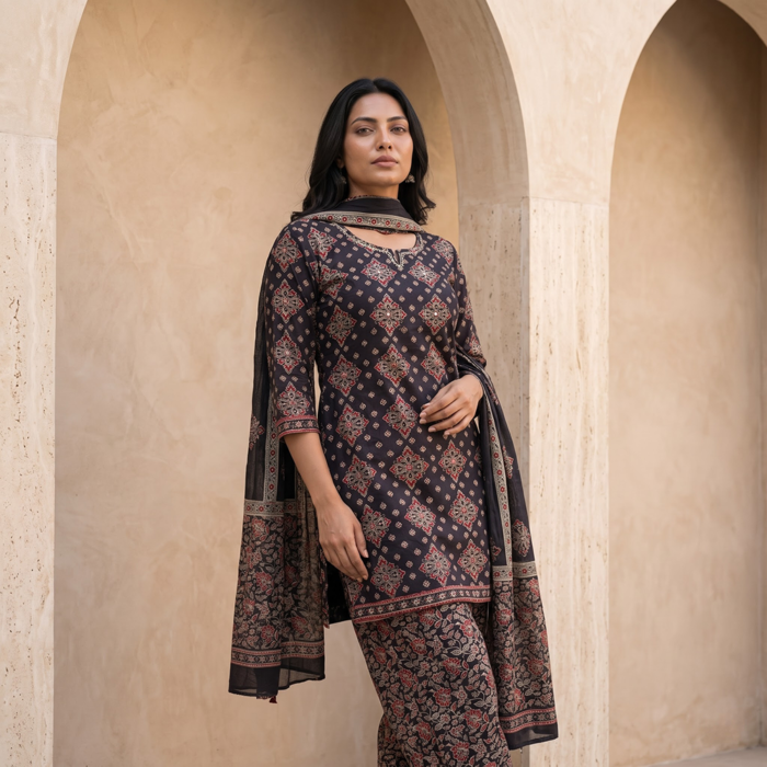 675/-Per-Pcs, M to XXL Set, Discharge Print Farsi Salwar 3Pcs Suits, FS3-0001