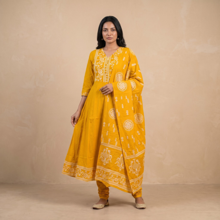 850/-Per-Pcs, M to XXL Set, Discharge Print Frock 3Pcs Suits, FK3-0004