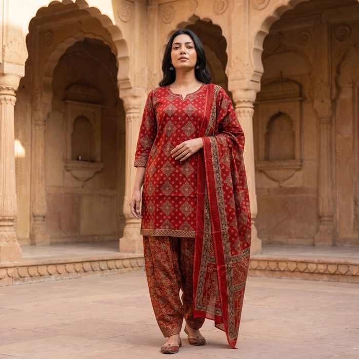 675/-Per-Pcs, M to XXL Set, Discharge Print Farsi Salwar 3Pcs Suits, FS3-0003
