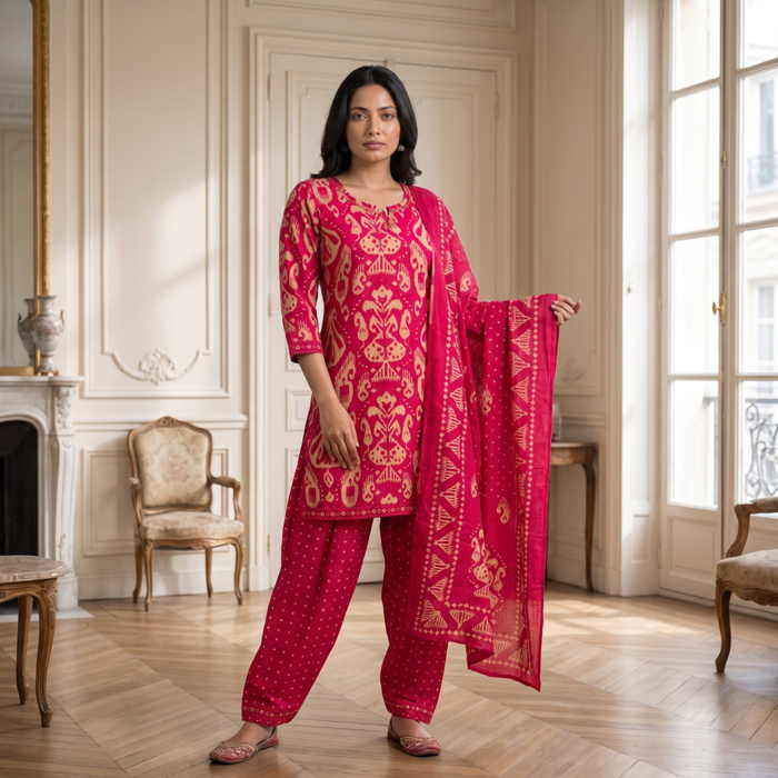 675/-Per-Pcs, M to XXL Set, Discharge Print Farsi Salwar 3Pcs Suits, FS3-0004